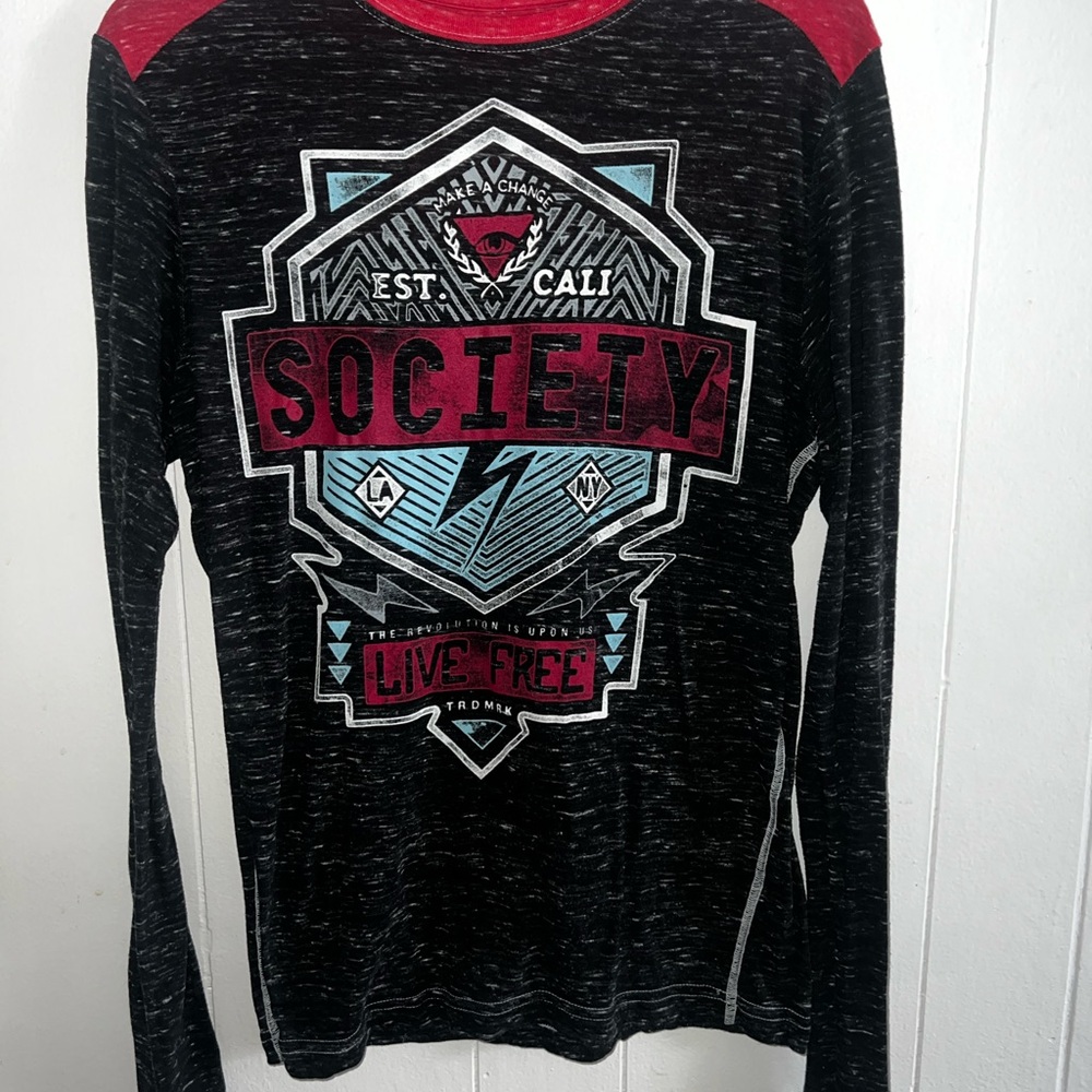 Society Gray and Red Long Sleeve Graphic Tee